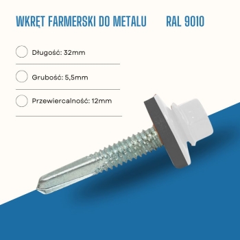 Wkręt farmerski do metalu 5,5X32 mm przewiercalność 12 mm w kolorze RAL 9010